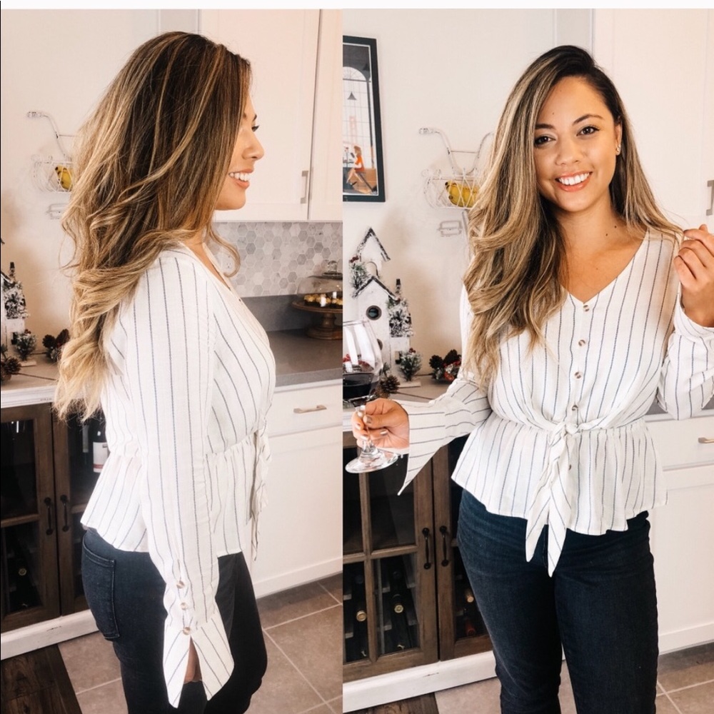 Beige Striped Slit Sleeve Blouse - Picture 2 of 4